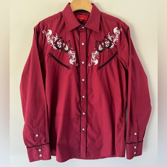 Patron Cito Maroon Floral & Horseshoe Embroidered Western Snap Button Shirt - Picture 1 of 11